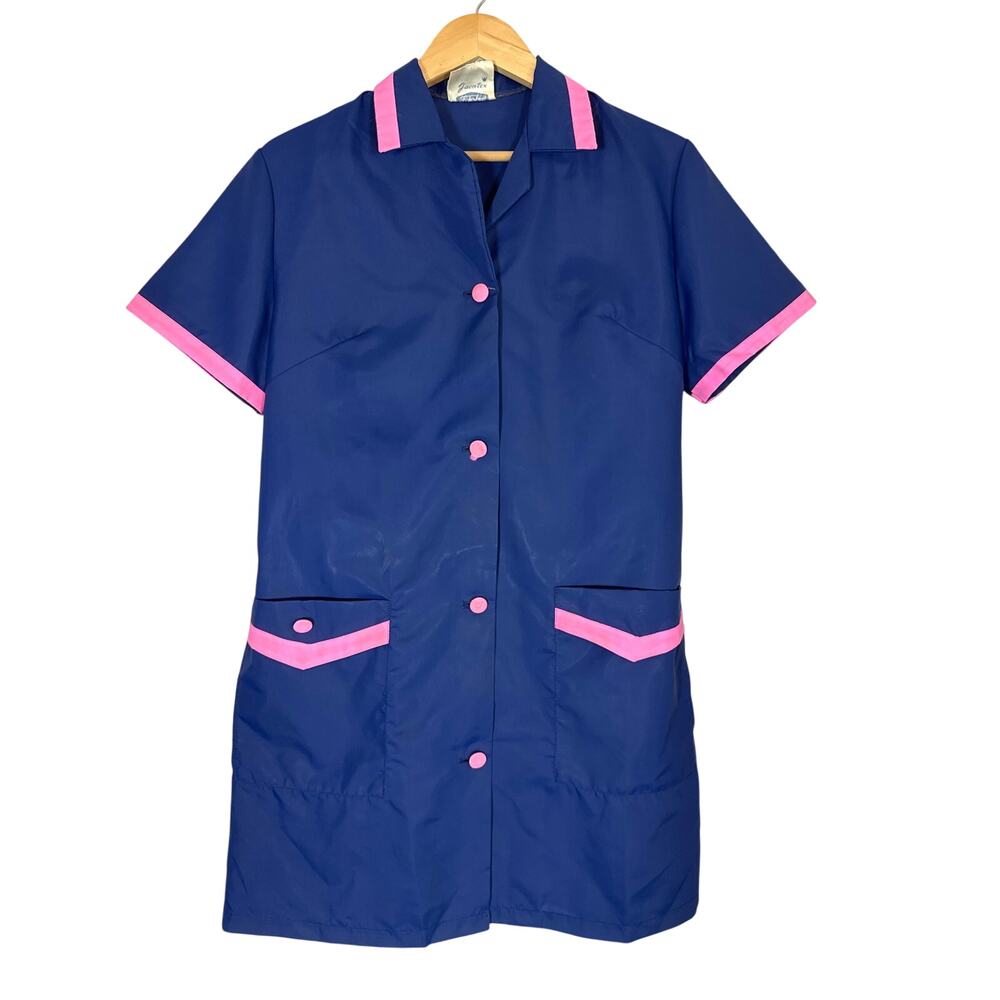 Vintage 60s Smock Uniform Dress Mini Mod Retro Waitress Blue Pink Womens Large
